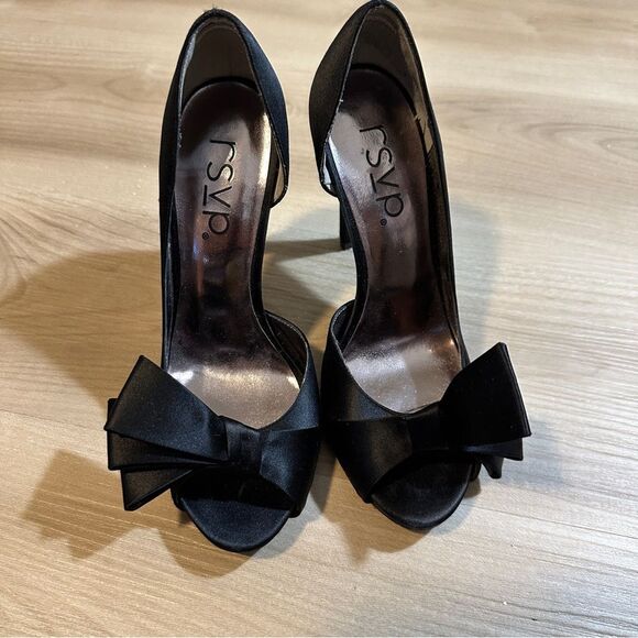rsvp Black Satin Open-Toe Pumps Heels with Bow Size 7 - Picture 7 of 12